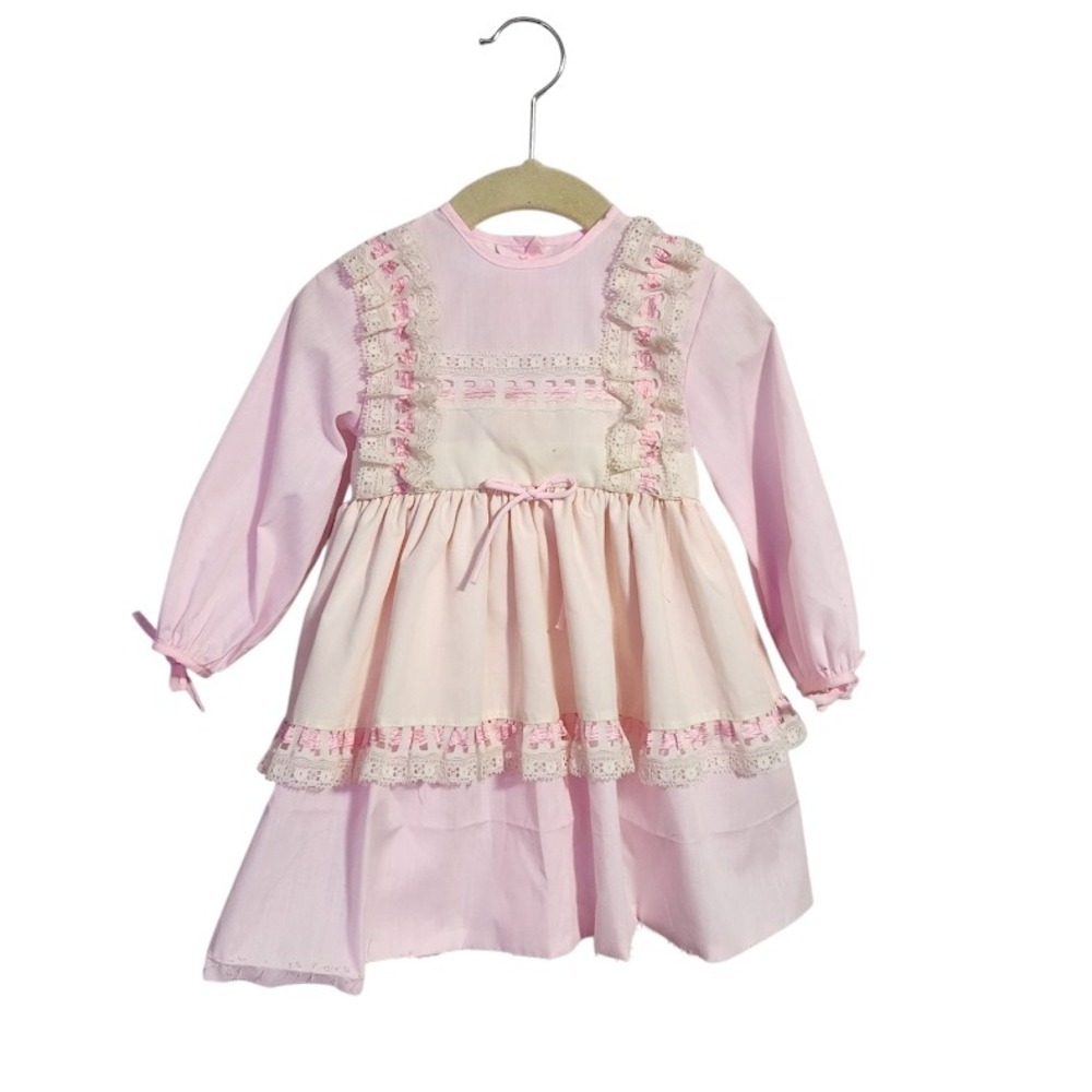 MINI WORLD Vintage Pink Baby‎ Dress Eyelet Lace Ribbon 1T Months Cottagecore